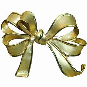 Large Ribbon Bow Brooch Pin Vintage Matte Gold Tone Decorative Holiday Jewelry